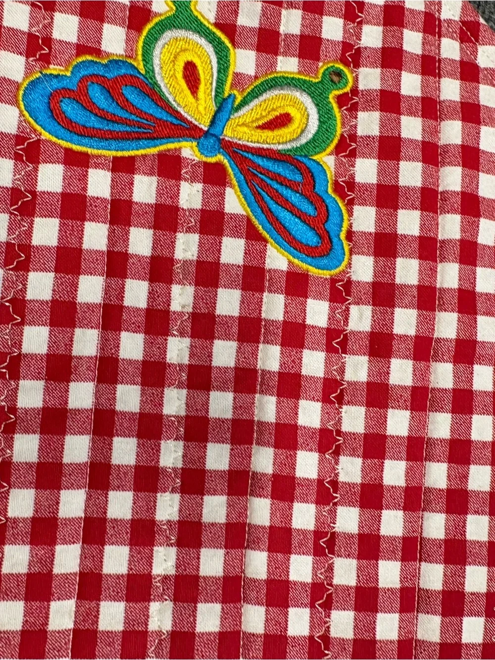 Red Gingham Table Runners with Light Blue Trim and Butterfly Embroidery